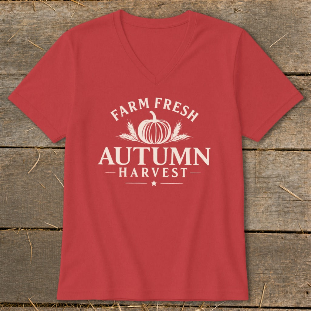 Red v-neck t-shirt with white text "Farm Fresh Autumn Harvest" and pumpkin.