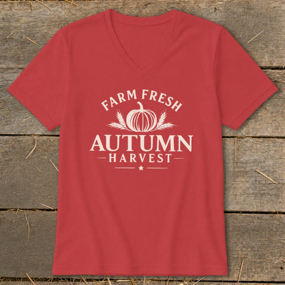 Red v-neck t-shirt with white text "Farm Fresh Autumn Harvest" and pumpkin.