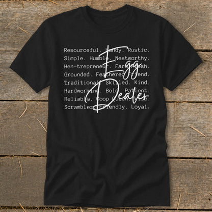 Black t-shirt with "Egg Dealer" text listing farm-related qualities.