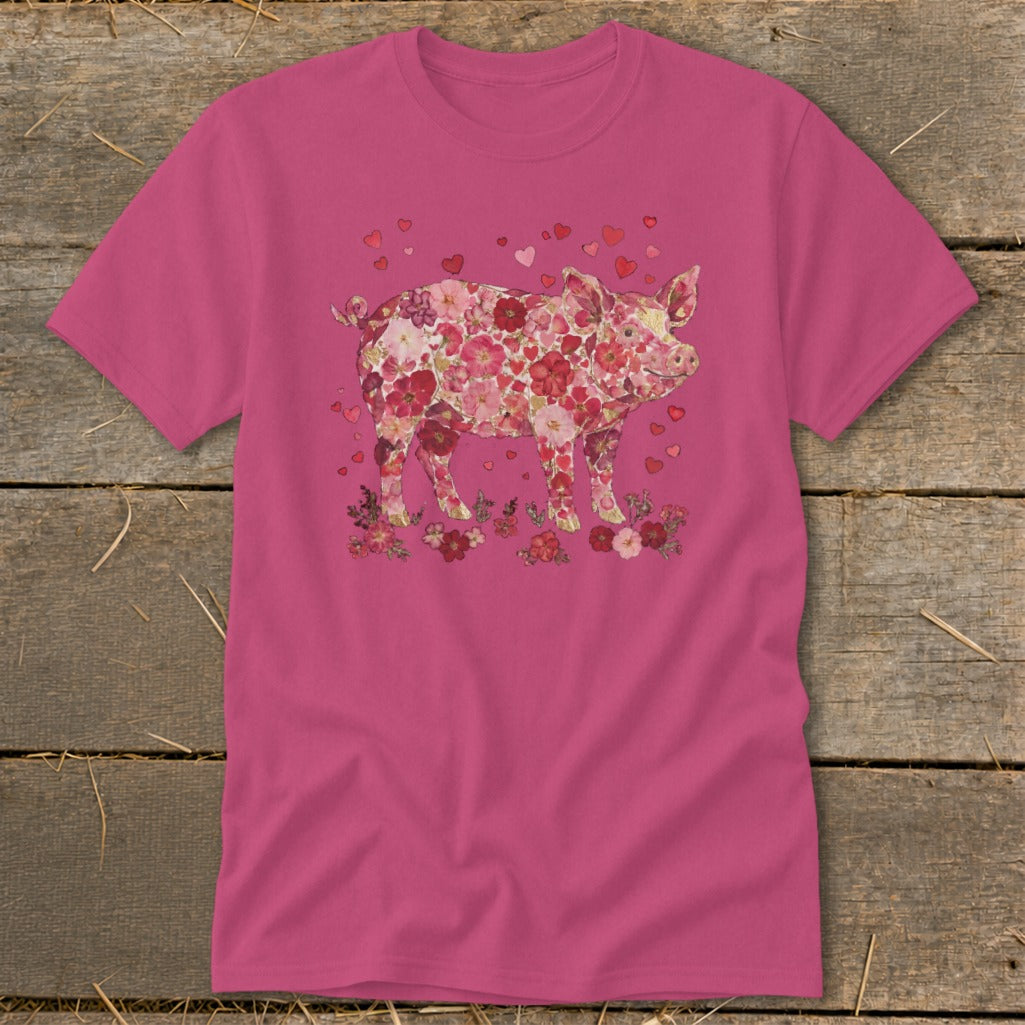 Pink t-shirt featuring a pig silhouette made of pink and red flowers and hearts.