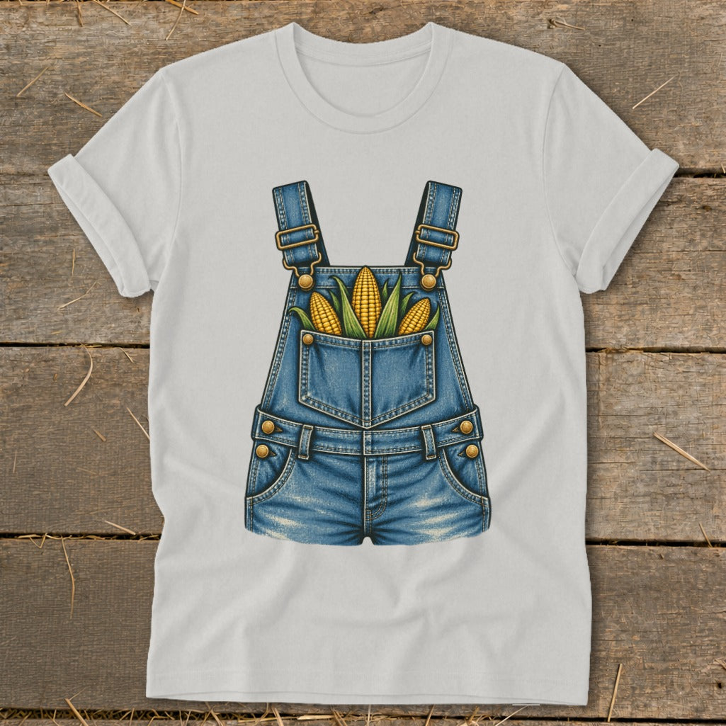 White t-shirt with a denim overalls graphic featuring corn cobs in the pocket.
