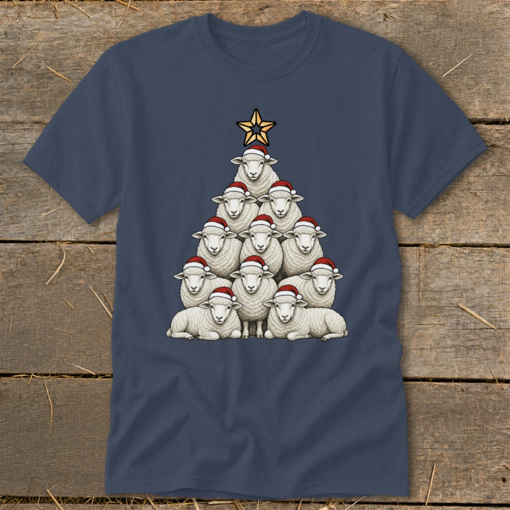 Christmas tree made of sheep wearing Santa hats, topped with a star.