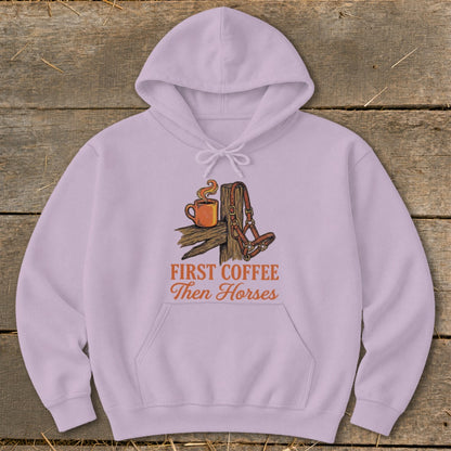 Light purple hoodie with "First Coffee Then Horses" graphic and horse halter.