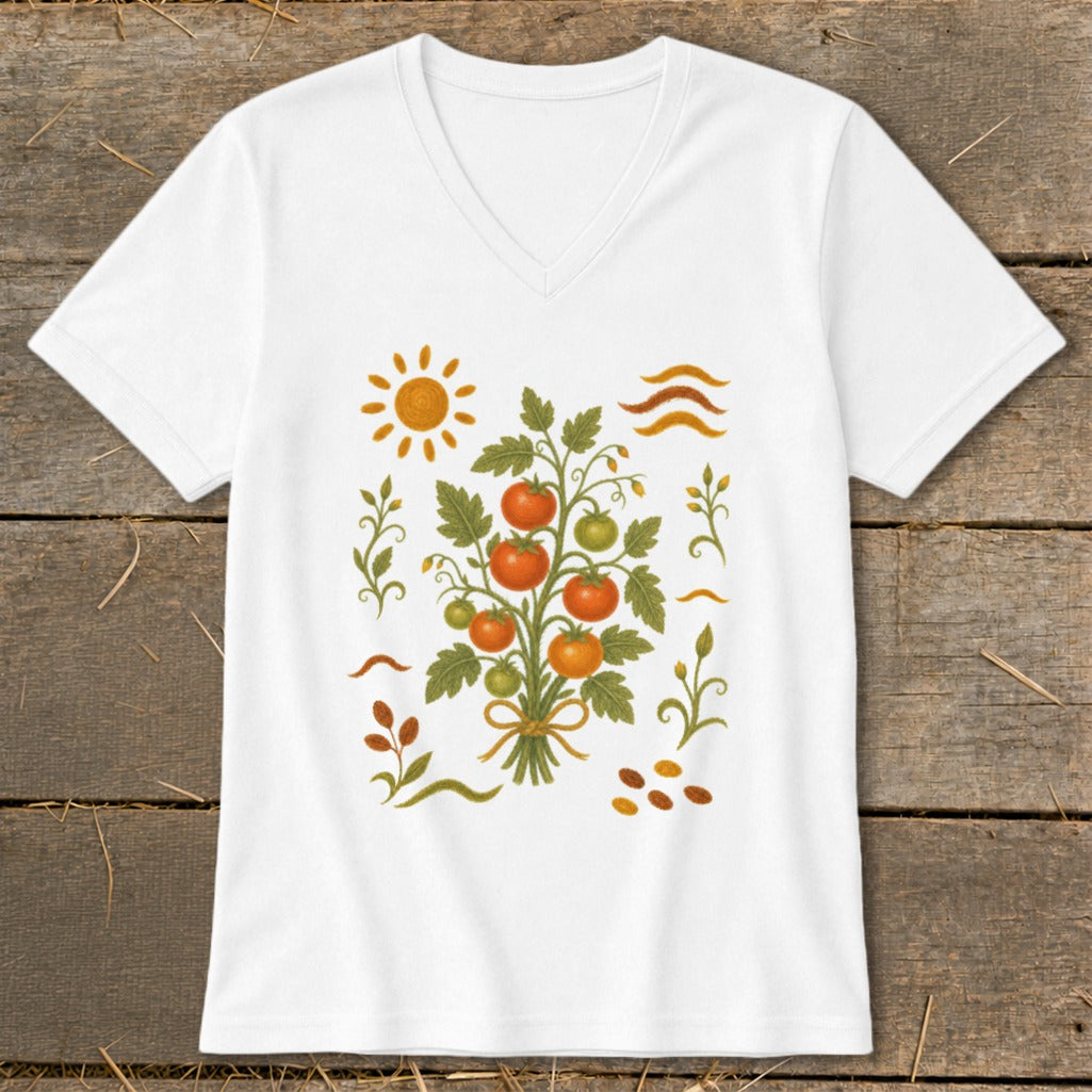 White v-neck t-shirt with a graphic of a tomato plant, sun, and decorative elements.
