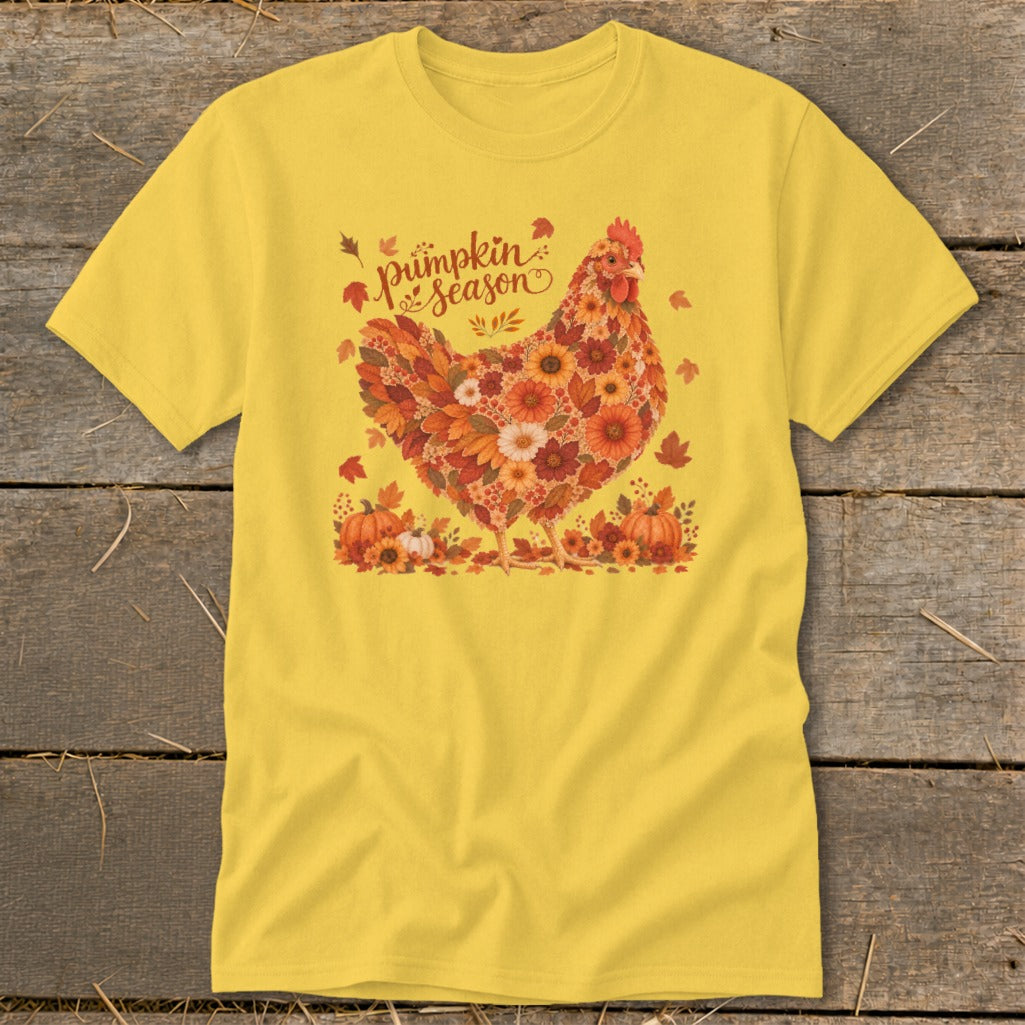 Yellow t-shirt with "Pumpkin Season" text and a chicken made of fall flowers and leaves.