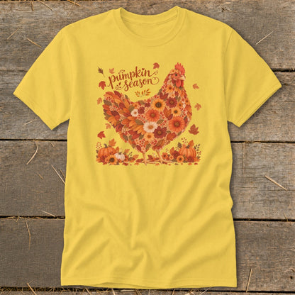 Yellow t-shirt with "Pumpkin Season" text and a chicken made of fall flowers and leaves.