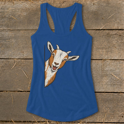 Blue tank top with a cartoon goat peeking around the side.