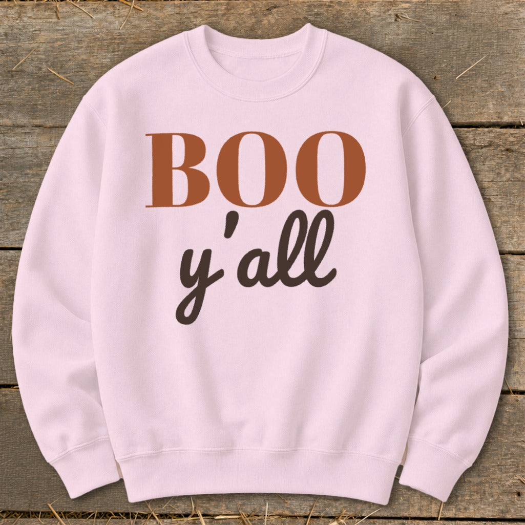 Light pink sweatshirt with "BOO y'all" text in brown and dark brown.