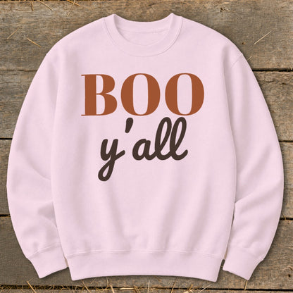 Light pink sweatshirt with "BOO y'all" text in brown and dark brown.