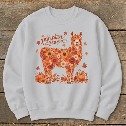 Light gray sweatshirt with floral llama and "Pumpkin Season" text.