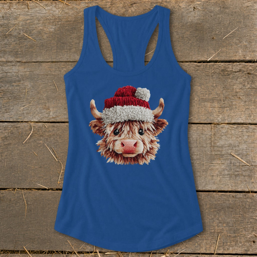 Blue tank top with a Highland cow wearing a Santa hat graphic.