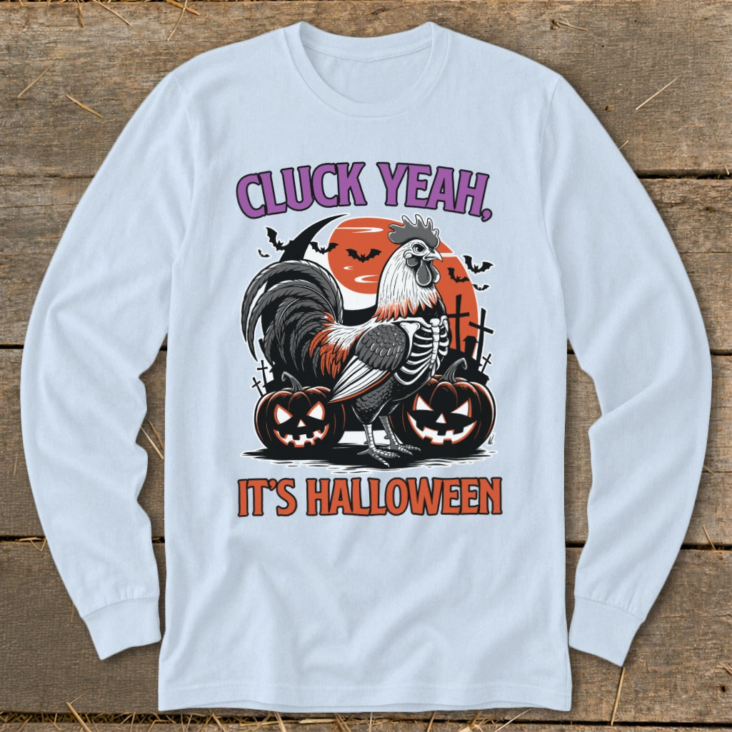Skeleton rooster with pumpkins and bats, "Cluck Yeah, It's Halloween" text.