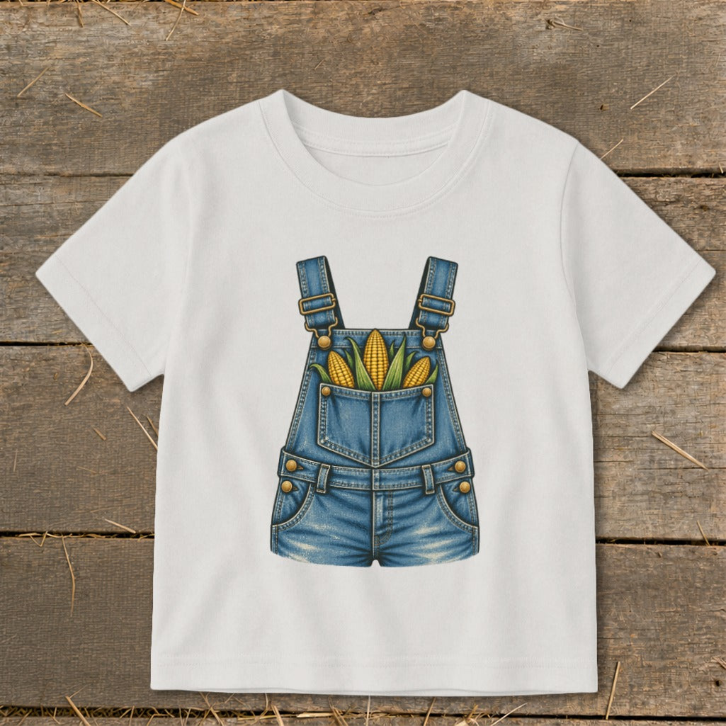 White t-shirt with a denim overalls graphic filled with corn cobs.