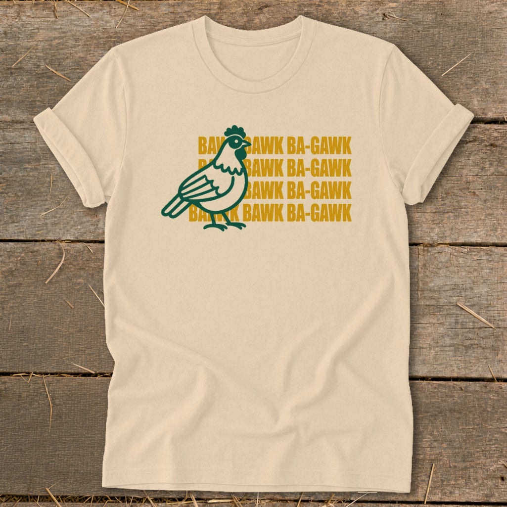 Cream t-shirt with green chicken graphic and "Bawk Ba-Gawk" text.