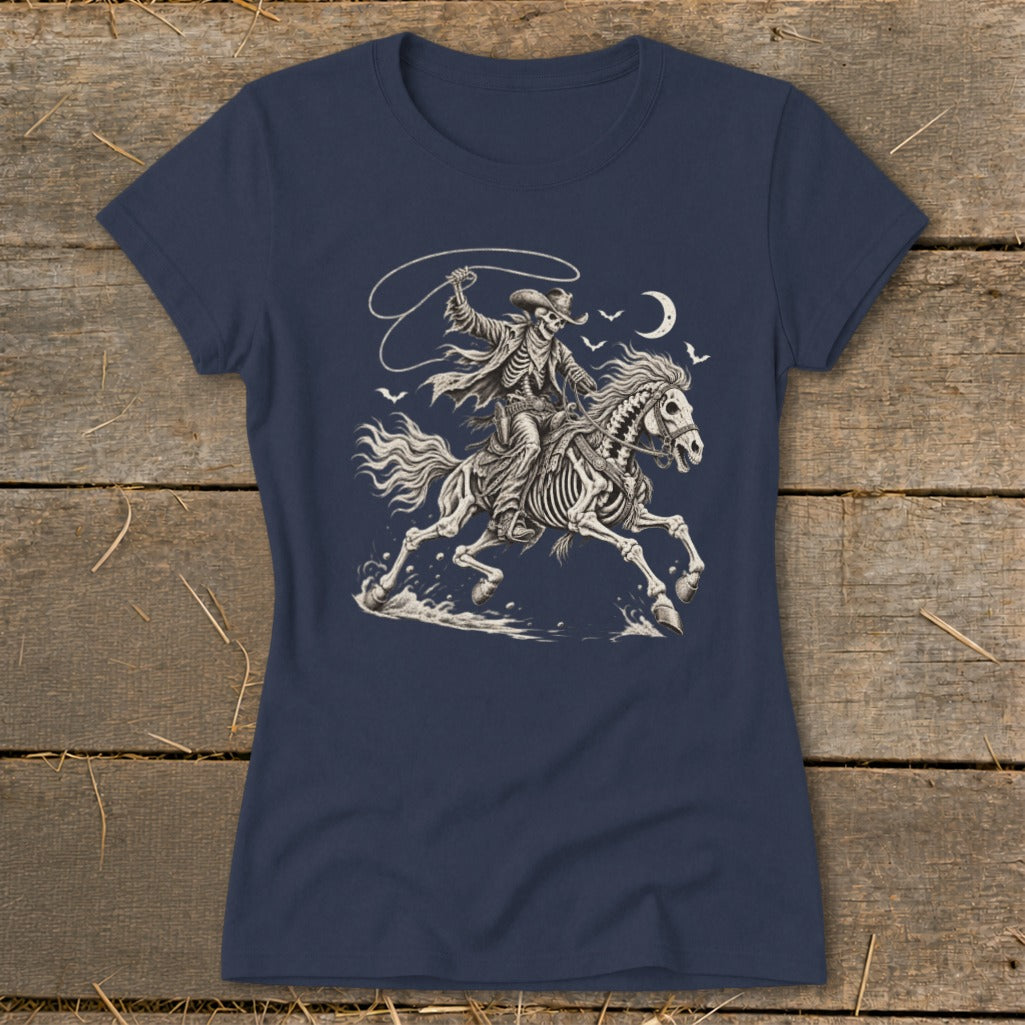 Skeleton cowboy riding a horse, lassoing under a crescent moon.