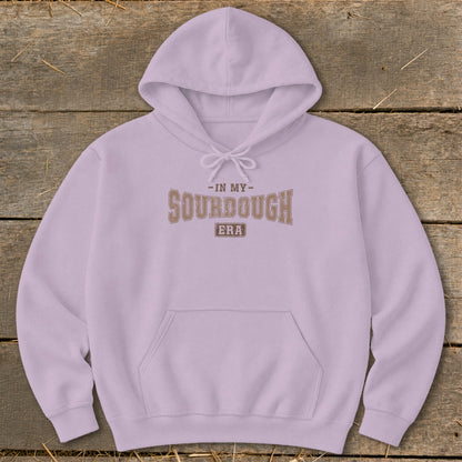 Light purple hooded sweatshirt with "In My Sourdough Era" graphic.