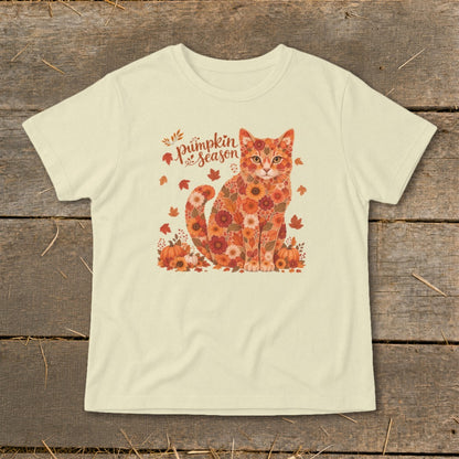 Cream t-shirt with floral cat graphic and "pumpkin season" text.