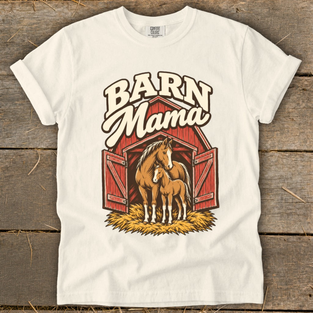 White t-shirt with "Barn Mama" text and horses in a barn graphic.