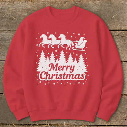 Red sweatshirt with white Christmas design: Santa's sleigh pulled by horses, trees, and snowflakes.