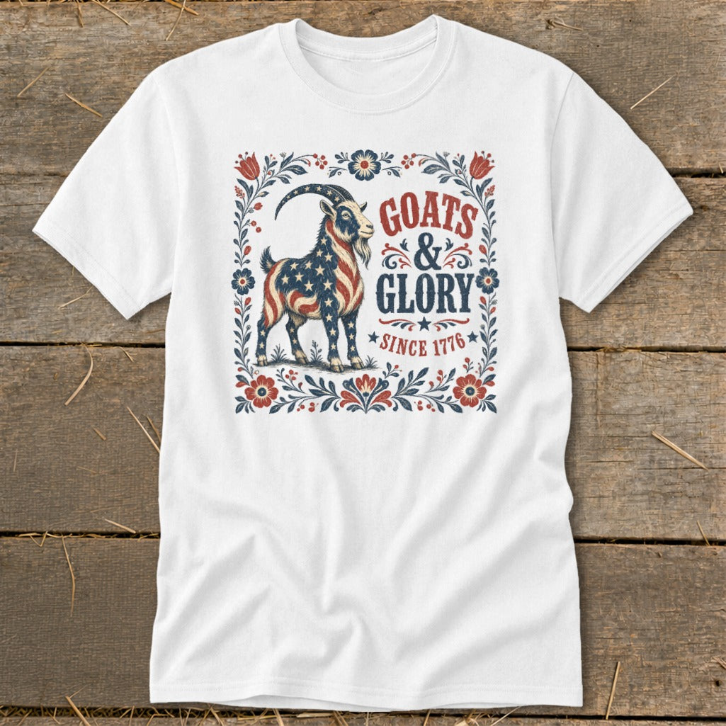 Goats & Glory Since 1776 graphic on white t-shirt with patriotic goat.