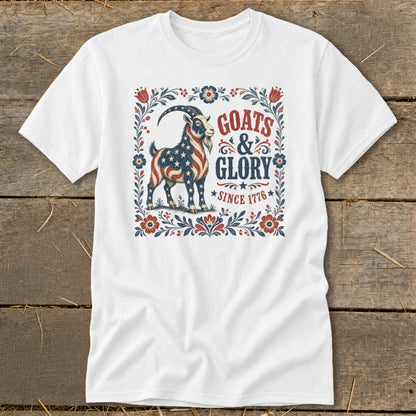 Goats & Glory Since 1776 graphic on white t-shirt with patriotic goat.