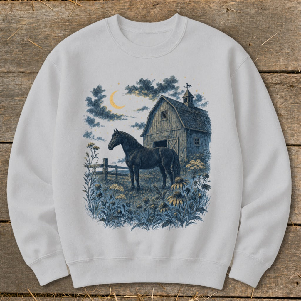 White sweatshirt with barn, horse, and crescent moon graphic.