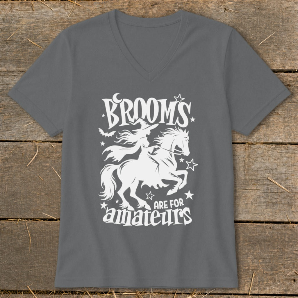 Grey t-shirt with white graphic of witch on a horse and text "BROOMS ARE FOR AMATEURS."