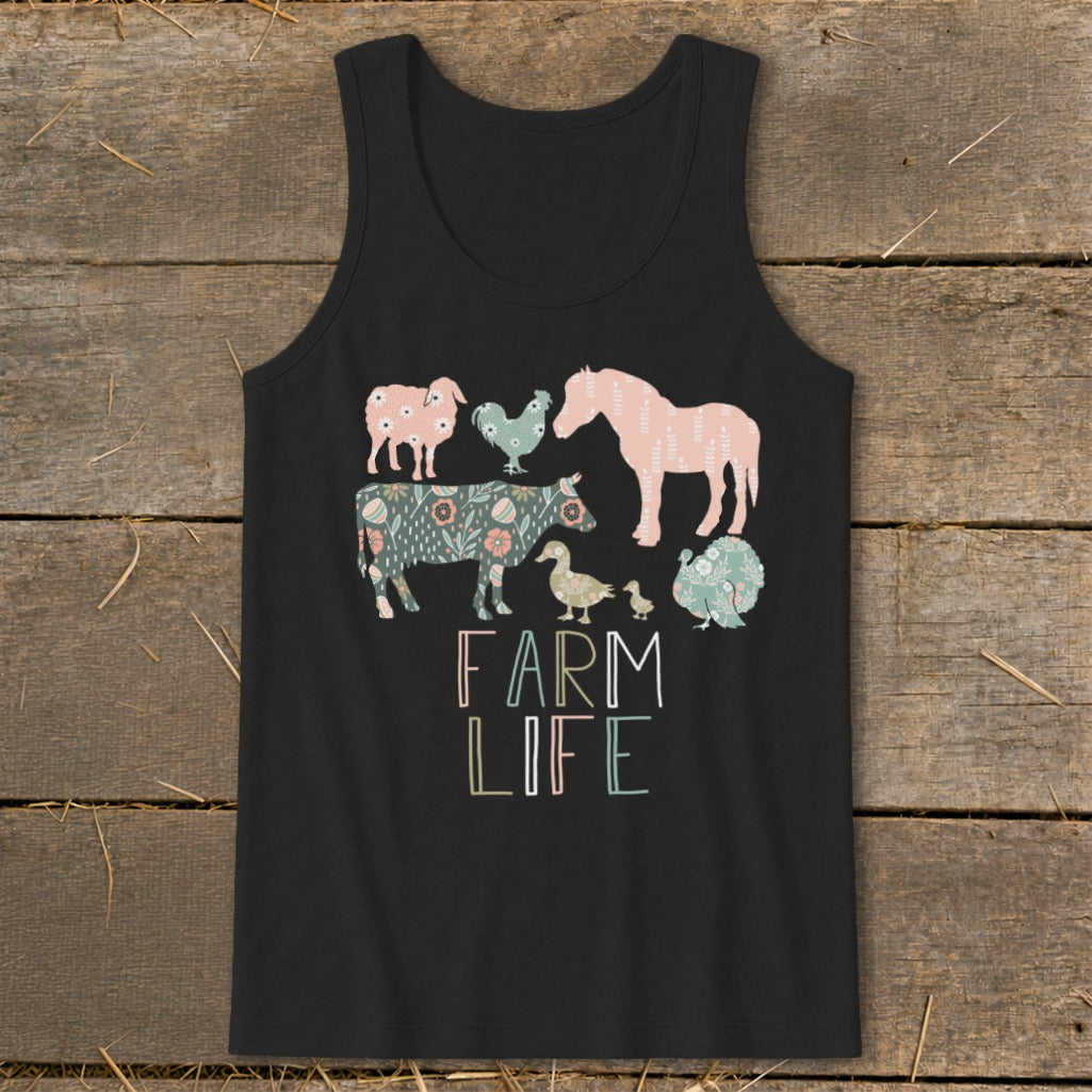Black tank top with illustrated farm animals and "FARM LIFE" text.