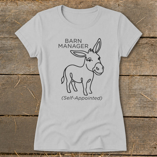 Light grey t-shirt with a line drawing of a donkey and text "BARN MANAGER (Self-Appointed)".