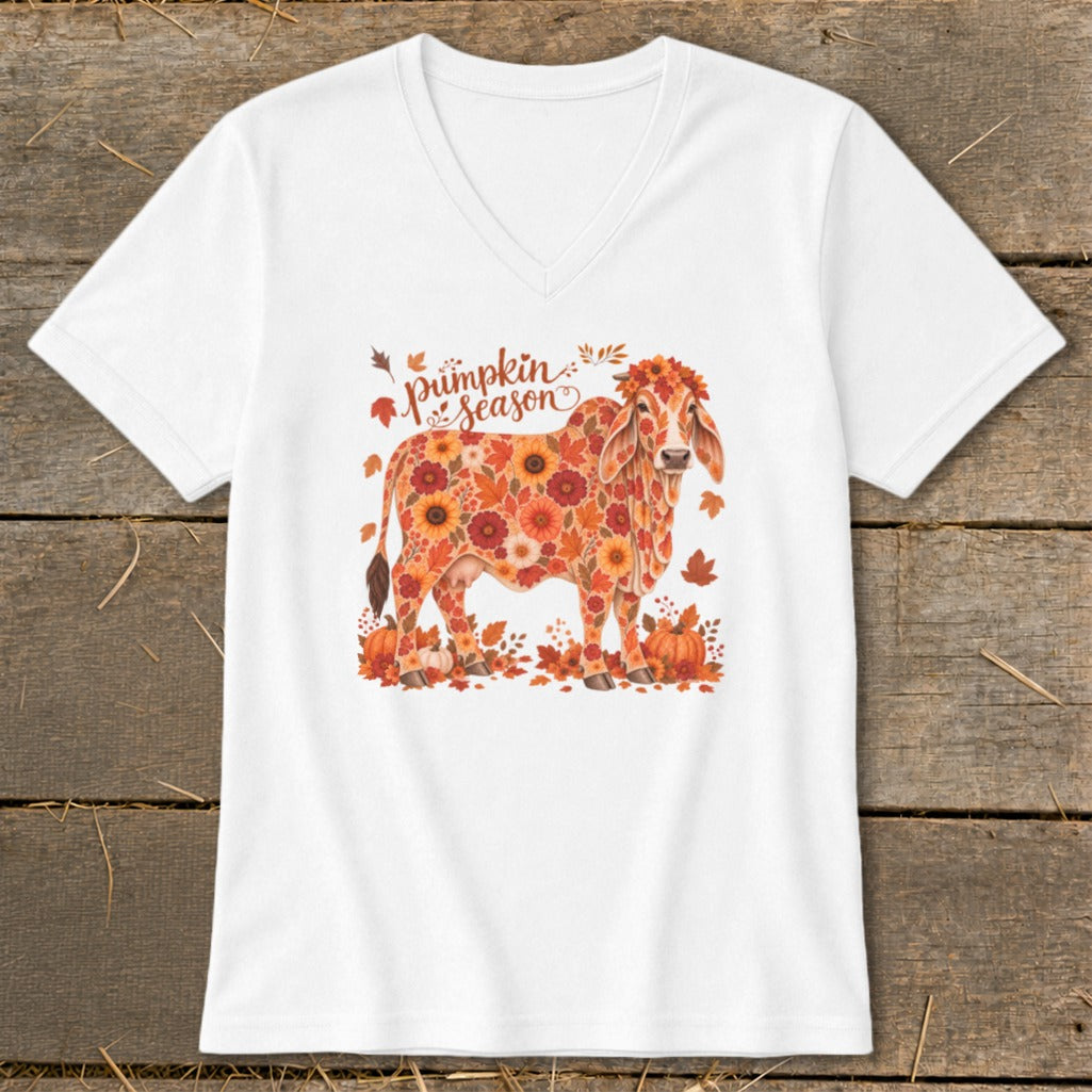 Fall Floral Brahman Cow V-neck