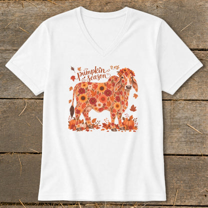Fall Floral Brahman Cow V-neck