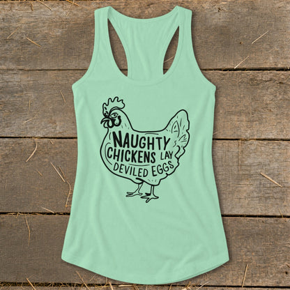Mint green tank top with black chicken graphic and text.
