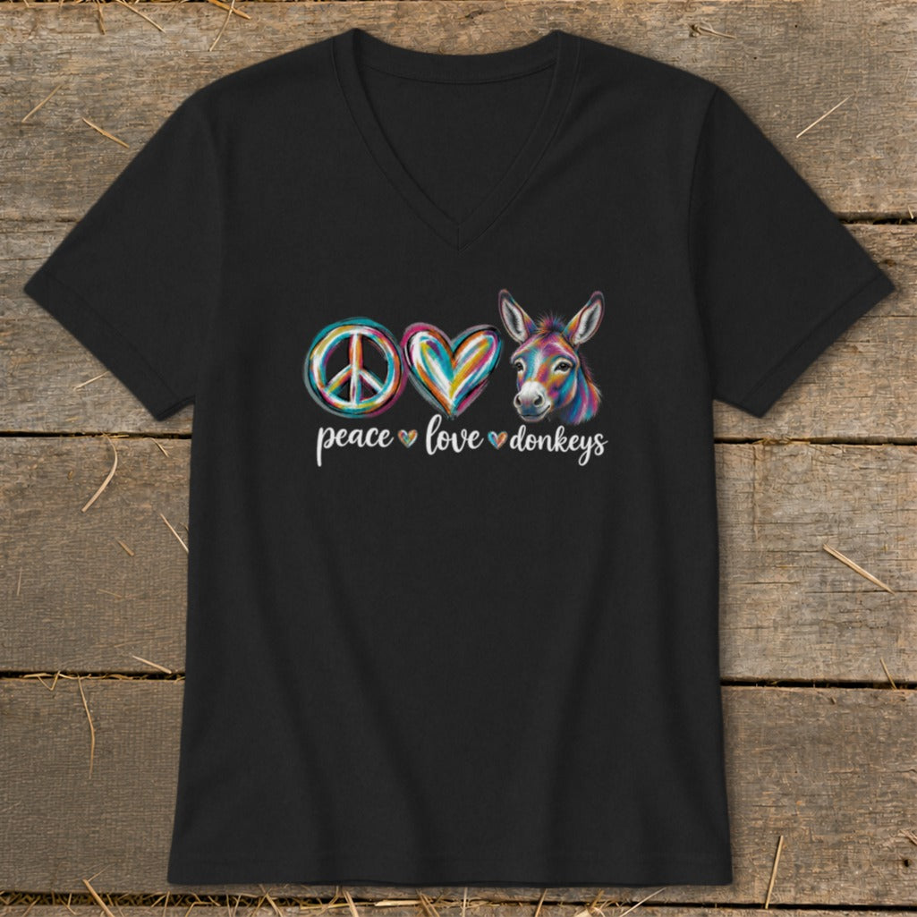 Black t-shirt with peace, heart, and donkey graphic that says "peace love donkeys".