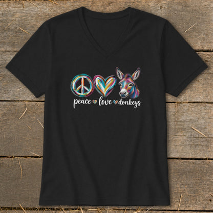 Black t-shirt with peace, heart, and donkey graphic that says "peace love donkeys".