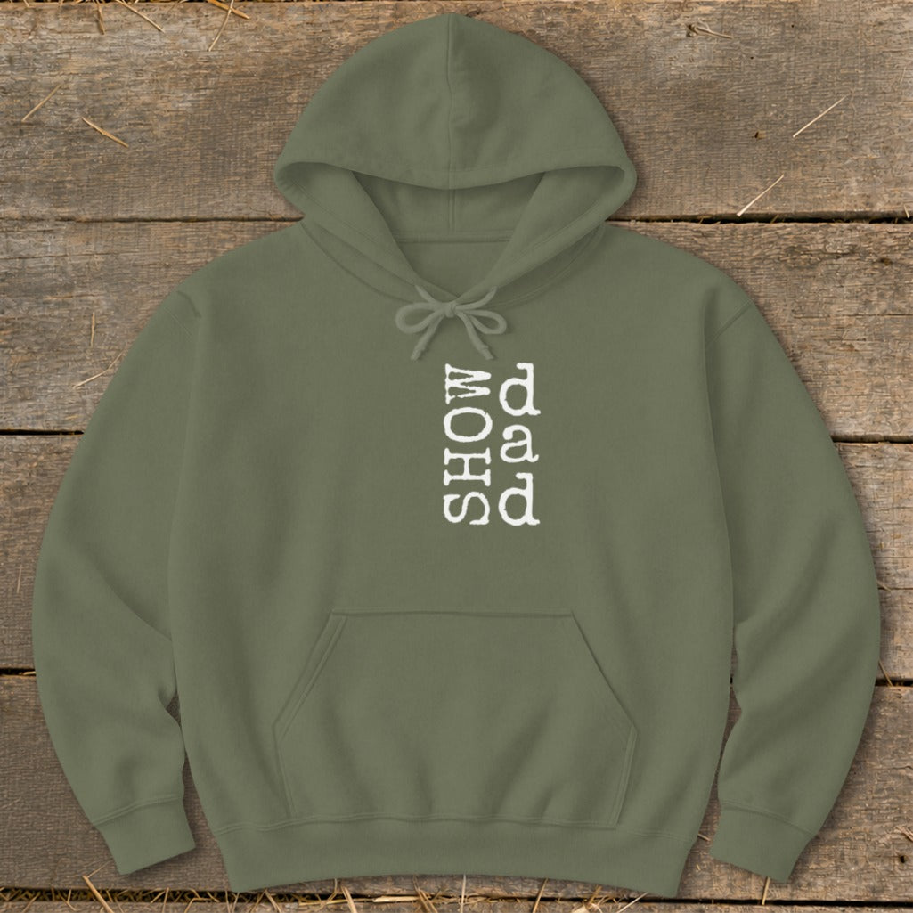 Olive green hoodie with white "SHOW P&Q" text on the chest.