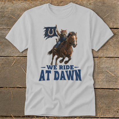 Cat riding horse with flag that says "We Ride At Dawn".