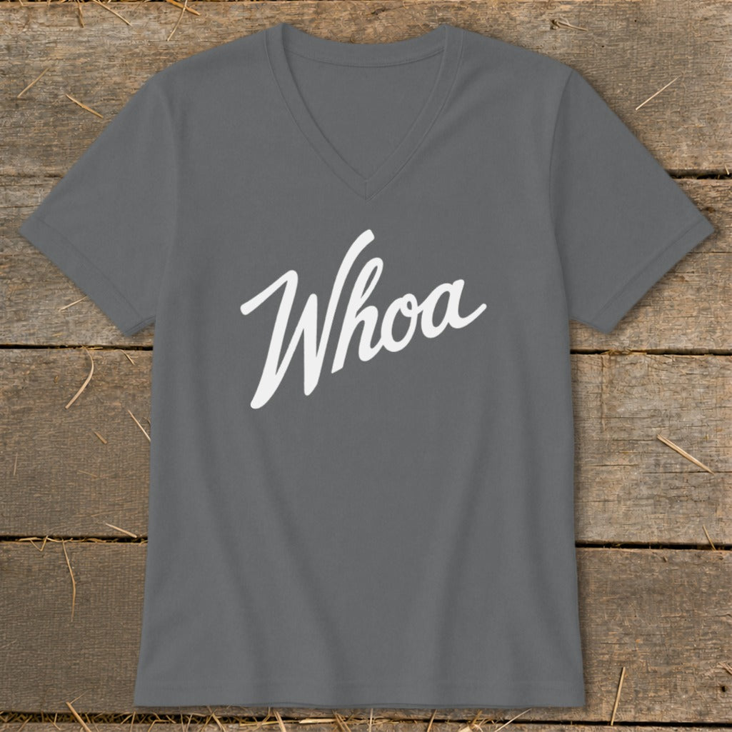 Gray v-neck t-shirt with "Whoa" in white script lettering