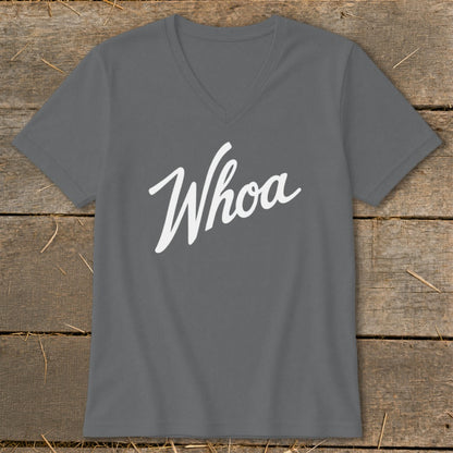 Gray v-neck t-shirt with "Whoa" in white script lettering