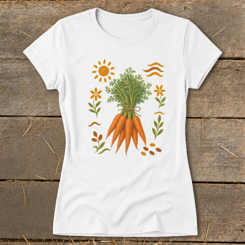 White t-shirt featuring a bunch of carrots with sun, flowers, and leaves graphic.