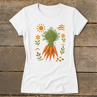 White t-shirt featuring a bunch of carrots with sun, flowers, and leaves graphic.