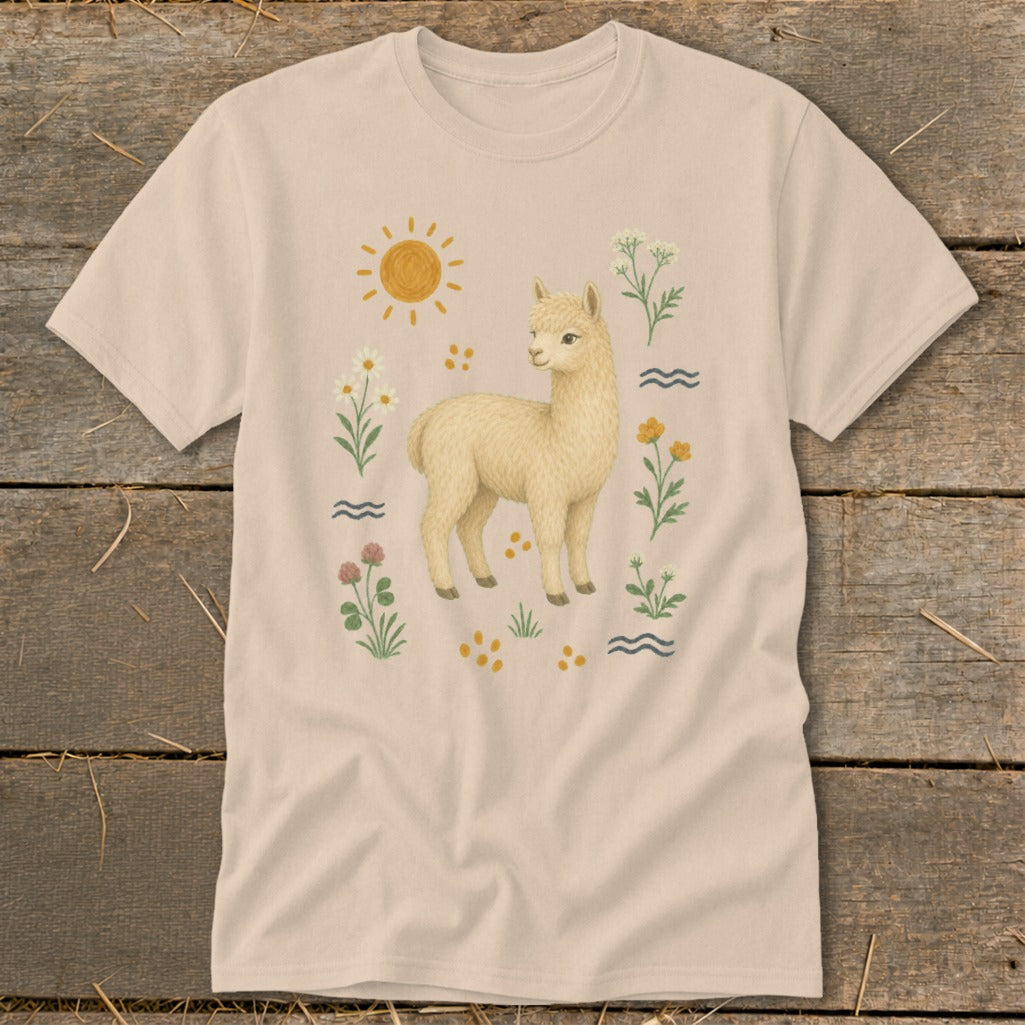 Tan t-shirt with a cream-colored alpaca illustration surrounded by flowers and sun.