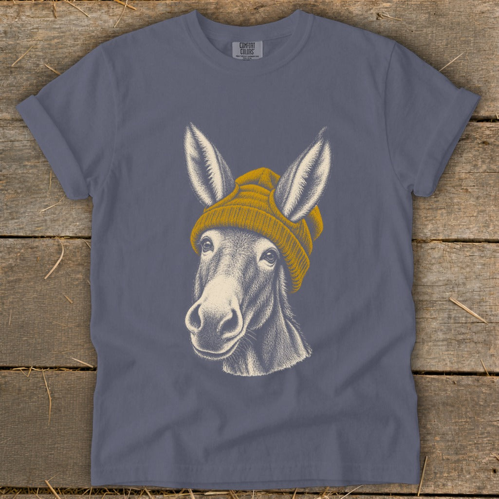Donkey wearing a yellow beanie, with "COMFORT COLORS" text on the shirt collar.
