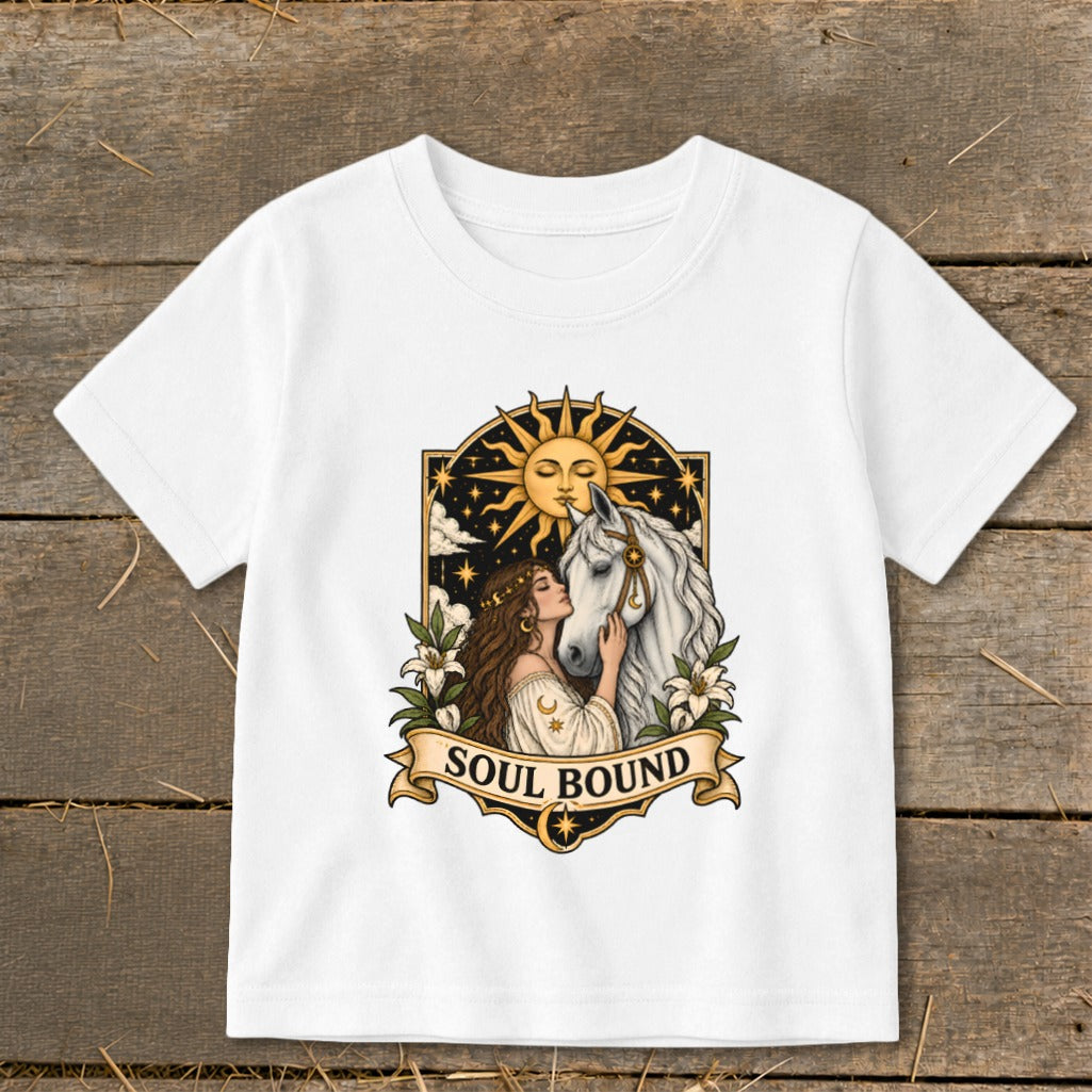 Woman embracing white horse under sun with "Soul Bound" text.