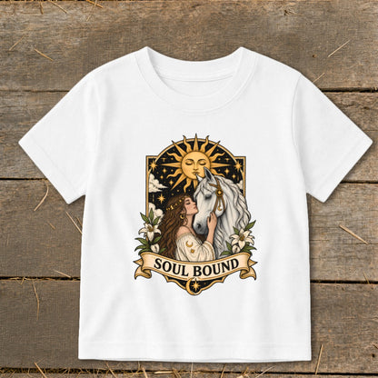 Woman embracing white horse under sun with "Soul Bound" text.