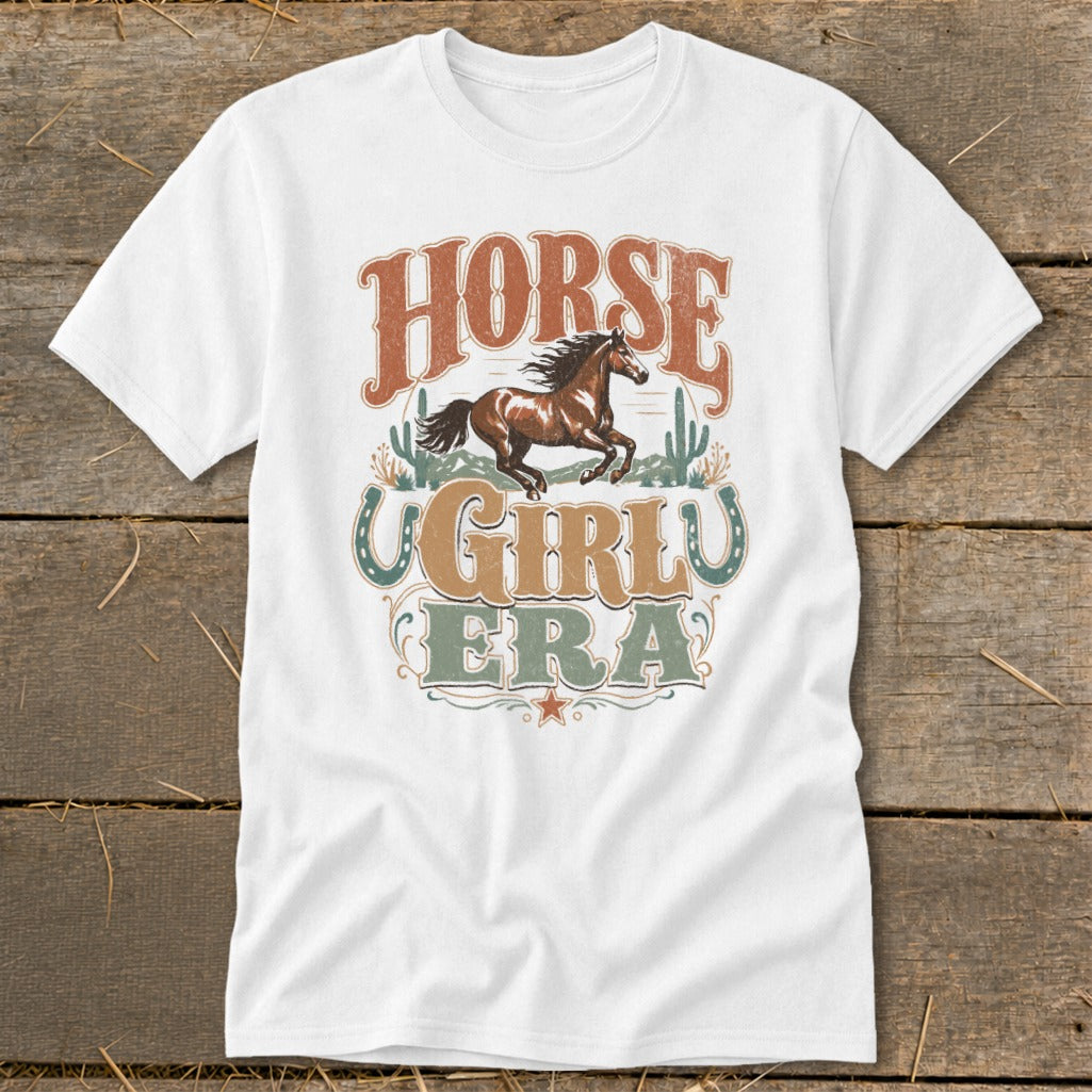 White t-shirt with "HORSE GIRL ERA" text and a running horse graphic.