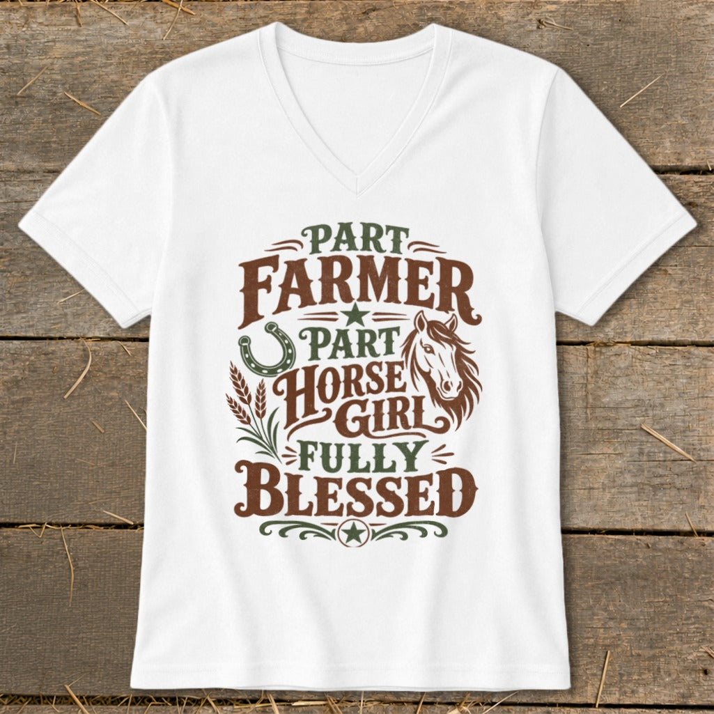 White t-shirt with "Part Farmer Part Horse Girl Fully Blessed" text and horse graphic.