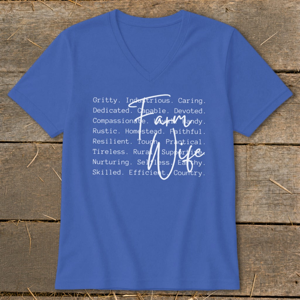 Blue V-neck shirt with white text listing traits of a "Farm Wife".