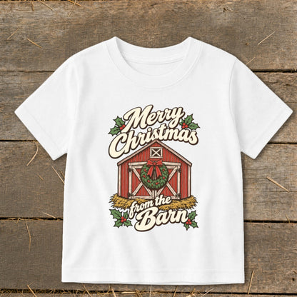 White t-shirt graphic with red barn, Christmas wreath, and text "Merry Christmas from the Barn."
