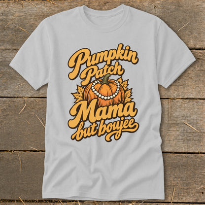 Light gray t-shirt with "Pumpkin Patch Mama but boujee" graphic featuring a pumpkin.