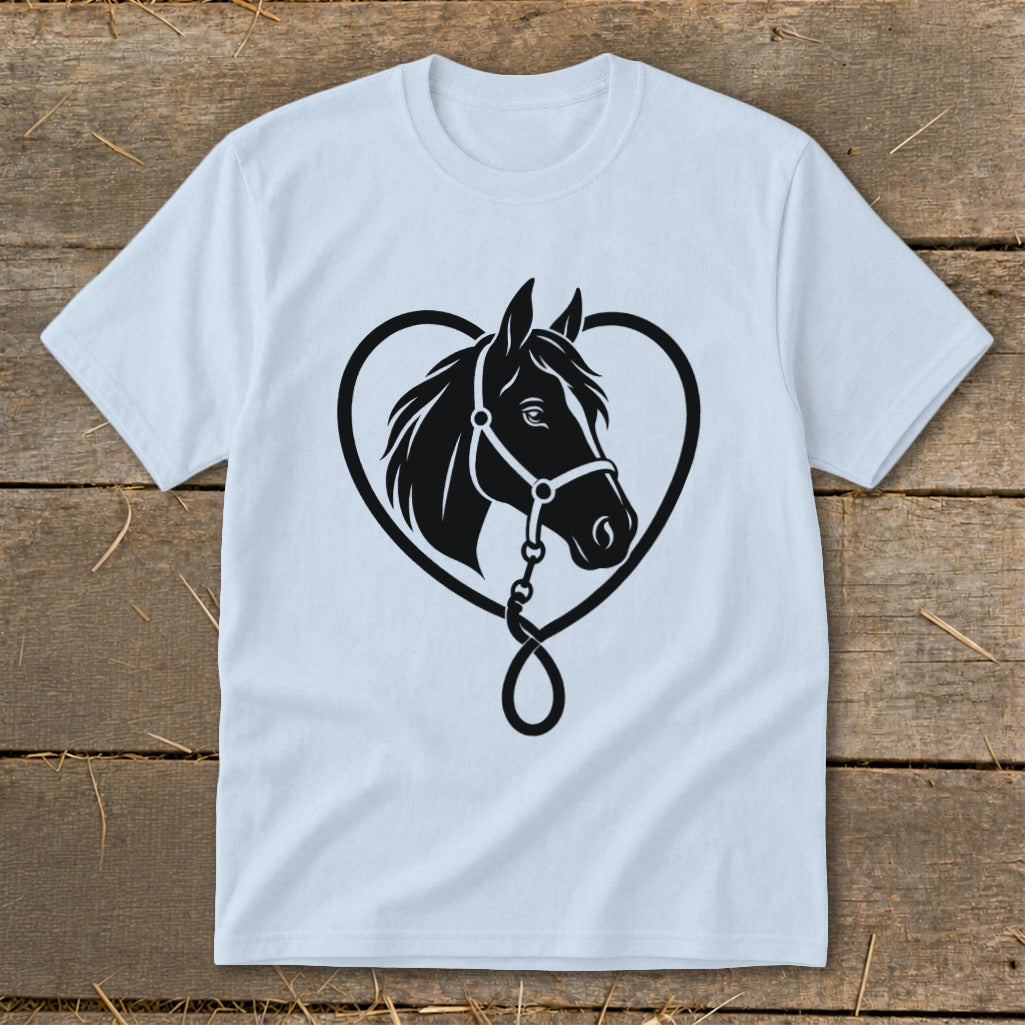 Light blue short-sleeve t-shirt featuring a black graphic of a horse's head framed by a heart shape.